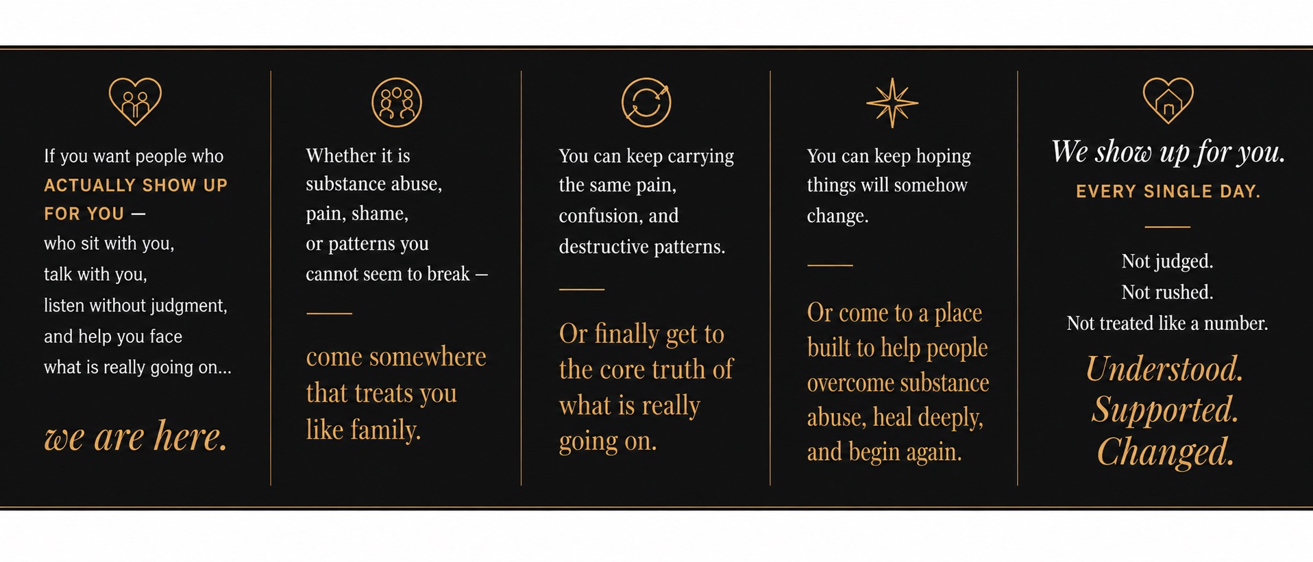 If you want people who actually show up for you — who sit with you, talk with you, listen without judgment, and help you face what is really going on — we are here. Whether it is substance abuse, pain, shame, or patterns you cannot seem to break, come somewhere that treats you like family. You can keep carrying the same pain, confusion, and destructive patterns, or finally get to the core truth of what is really going on. You can keep hoping things will somehow change, or come to a place built to help people overcome substance abuse, heal deeply, and begin again. We show up for you, every single day. Not judged. Not rushed. Not treated like a number. Understood. Supported. Changed.