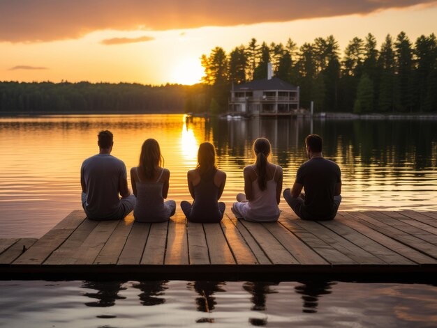 A group sitting together on a lakeside dock at sunset outside the Vita Nova private wellness residence